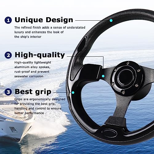 MOTAFAR 12.4" Boat Steering Wheel with 3/4“ Tapered Shaft, Anti-Slip PU Carbon Fiber Steering Wheel for Seastar and Verad, etc. for Marine Boats, Vessels, Yacht, Pontoon Boat(5156-Black)