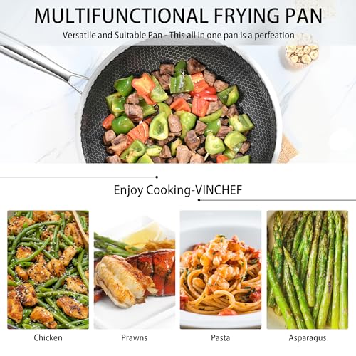 Vinchef Stainless Steel Wok Pan with Glass Lid 12 Inch, Honeycomb Nonstick Stir Frying Pan Induction Compatible and Dish Washer Safe