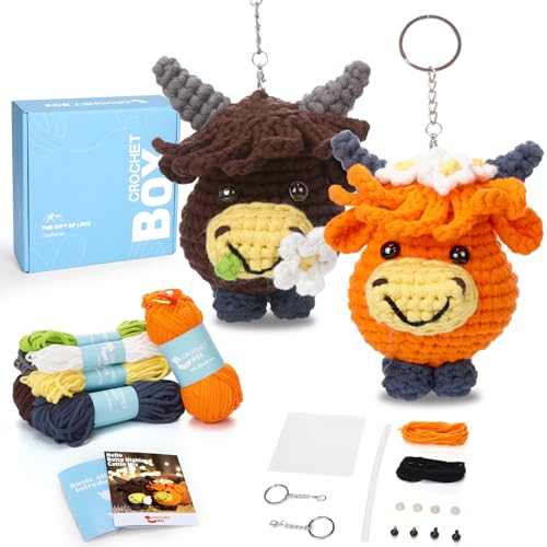 Crochet Kit for Beginners Adults - Cow Starters Crocheting Animal Kits for Kids, DIY Craft Birthday Gift with Crochet Yarns, Hook, Step-by-Step Video, Instruction and Crochet Accessories