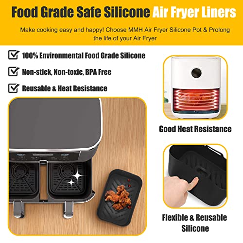 10QT Air Fryer Silicone Liners for Ninja DZ401/DZ550/SL401/SL451/DZ302,MMH 2Pcs Rectangular Airfryer Silicone Pot Reusable Replacement Baking Basket | Non-stick | Easy Cleaning | Food Safe | Black