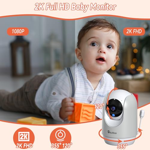 aubor 2K Smart Baby Monitor with Camera and Audio,5G/2.4G WiFi Baby Monitor with Night Vision,Temp & Humidity Sensor,Cry & Motion,2-Way Audio,Indoor Outdoor Baby Monitor with APP-Grey