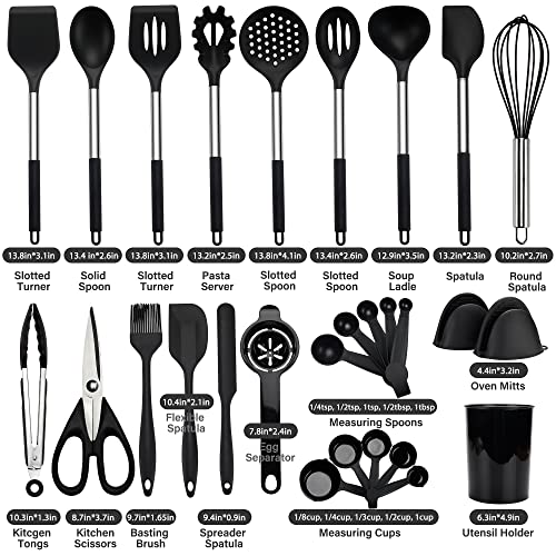 NCUE Kitchen Utensils Set, 28 Pcs Silicone Cooking Utensils Set with Holder, Spatula Set, Silicone Whisk, Scissors, Measuring Cups and Spoons Set with Stainless Steel Handle Kitchen Gadgets (Black)