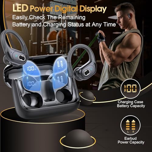 Wireless Earbuds 75hrs Bluetooth 5.3 Headphone Sport, 2024 Bluetooth Earbuds Stereo Deep Bass Over Ear Bud with Earhooks, ENC Noise Cancelling Mic, IPX7 Waterproof Earphone for Workout/Running
