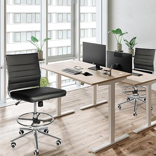 LUCKWIND Drafting Chair Tall Office Chair Ribbed - Mid-Back PU Leather Standing Desk Stool with Adjustable Foot Ring Wide Seat Tilt-Tension Rocker Lumbar Support Swivel Rolling 400lbs, Black