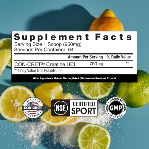 CON-CRET Creatine HCl Powder | Muscle, Cognitive, Cellular Energy Support | No Bloating or Cramps | USA Made & NSF Certified | Lemon Lime (64 Serving)