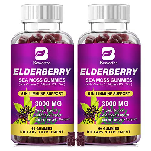 B BEWORTHS Elderberry & Sea Moss Gummies, Organic Black Sambucus Elderberry with Zinc and Vitamin C, D3 for Adults & Kids, Elderberry Gummy Vitamin Supplements for Immune & Energy Support - Vegan