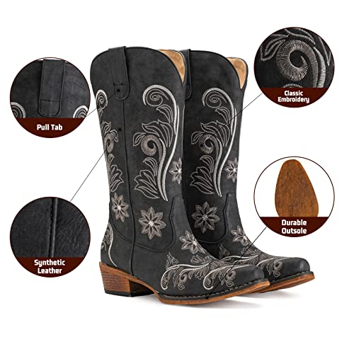 IUV Cowboy Boots For Women Mid Calf Western Boots Cowgirl Pull-On Tabs Pointy Toe Boot