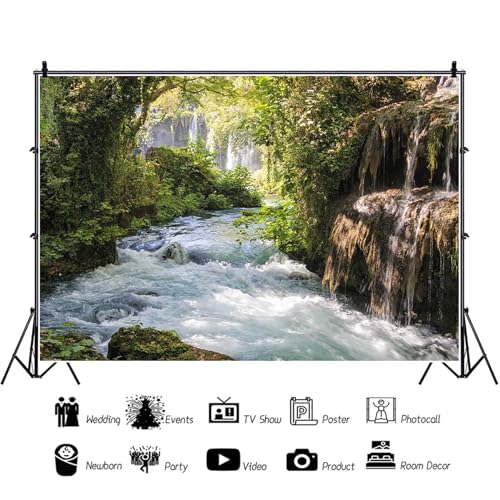 Baocicco 6x4ft Vinyl Green Forest Backdrops for Photography Background Mountain and Water Landscape Beautiful Waterfall and River Ancient Tree Outdoor Explore Holiday Backdrop Photo Studio