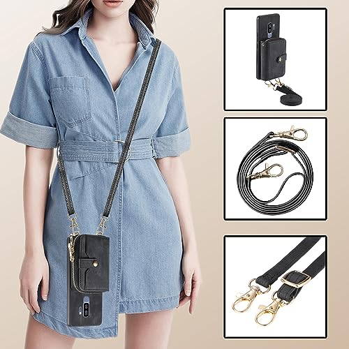 Asuwish Phone Case for Samsung Galaxy S9 Plus Zipper Wallet Cover with Credit Card Holder Slot Shoulder Crossbody Strap Long Lanyard Leather Cell Silicone S9+ 9S 9+ S 9 9plus S9plus Women Girls Blue