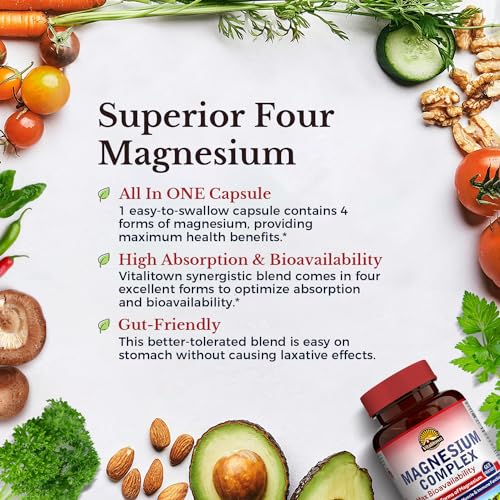 Vitalitown Magnesium Complex Supplement | 300mg Elemental Magnesium | Magnesium Citrate Glycinate Taurate Malate | Non-GMO, No Gluten, 90 Vegan Magnesium Capsules for Bone Muscle Brain Heart