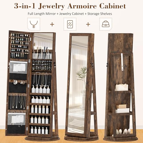 TJYGO Full-Length Mirror Jewelry Armoire, Lockable Jewelry Cabinet Standing with Inside Makeup Mirror, Jewelry Storage with Back Storage Shelves, Brown