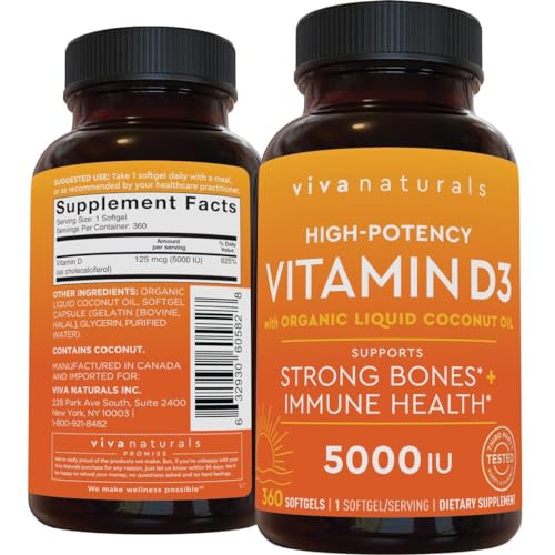 D3 Vitamin 5000 IU Softgels (125 mcg), 30 Softgels - High Potency Vitamin D Supplements for Healthy Immune Function, Bones & Muscles - Made with Organic Liquid Coconut Oil