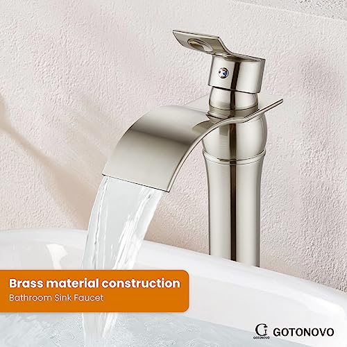 gotonovo Waterfall Vessel Sink Faucet for Sink 1 Hole,Single Handle Tall Bathroom Sink Faucet,Brass Waterfall Bathroom Faucet Arc Body Mixer Tap with Pop Up Drain and Supply Line,Brushed Nickel