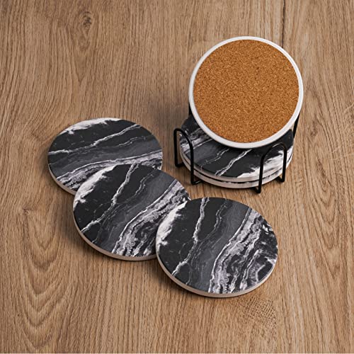 Adorever 6 Pcs Coasters for Drinks with Holder, Absorbent Drink Coaster Marble Style Ceramic Cup Coasters for Coffee Table Tabletop Protection, Coaster Set Housewarming Gift New Home Kitchen Decor