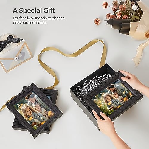 SONGMICS 5x7 Picture Frames with 6 Mats for Wall, Set of 3, Collage Photo Frames for 5x7, 4x6, 3.5x5 Pictures, Hanging or Table Display, Glass Front, 5 Non-Trace Nails, Ash Black URPF045B01