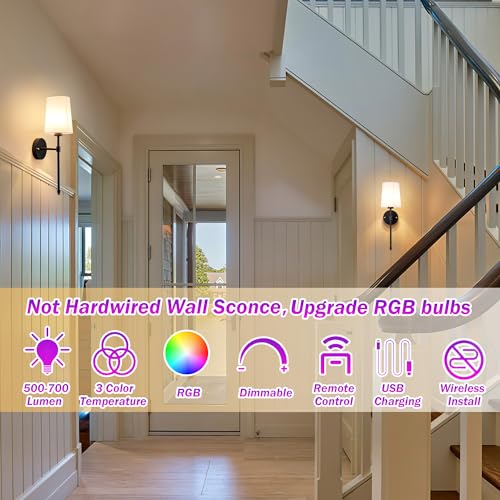 Battery Operated Wall Sconce Light with Remote Control, Dimmable Set of 2 White Fabric Shade, Indoor Wireless Lamp For Bedroom Living Room, Bulb Included (