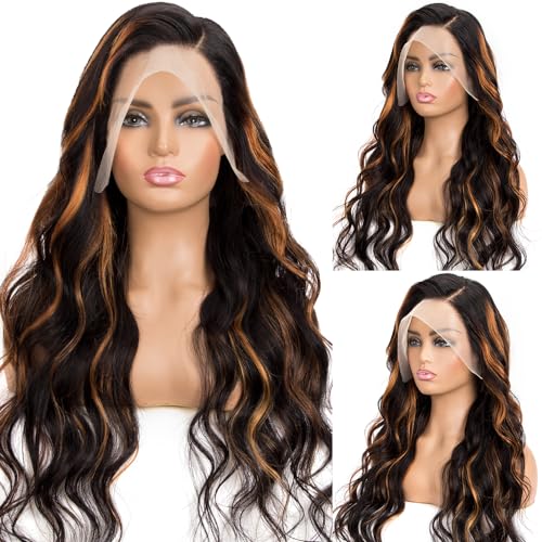 Afribye 13x6 Body Wave 200 Density HD Lace Front Wigs Human Hair Highlight Ombre Lace Front Wig Human Hair Pre Plucked FB/30 Glueless Lace Frontal Balayage Wigs Human Hair for Women 20 Inch
