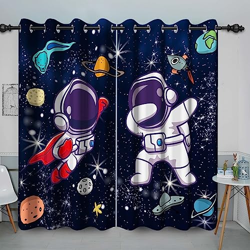 Baocicco Space Astronaut Curtains for Boys Bedroom Cartoon Rockets Planets Spaceman Grommet Window Drapes Cosmic Adventure Cosmonaut Outer Space Curtains 2 Panels 42x108 Inch