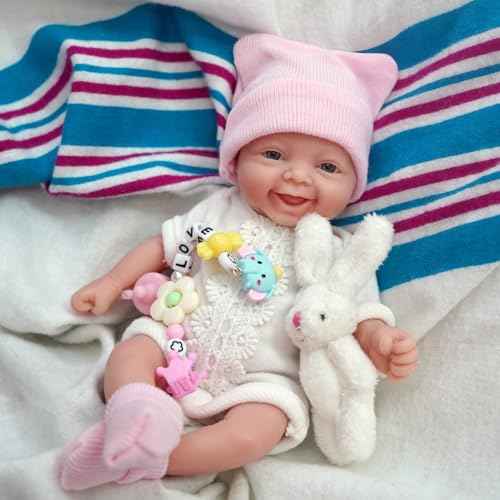 7 Inch Mini Silicone Baby, Reborn Baby Dolls Silicone Full Body Girl Grace, Realistic Newborn Baby Doll Real Life Miniature Baby Doll with Feeding Accessories（Extra complimentary head flower）