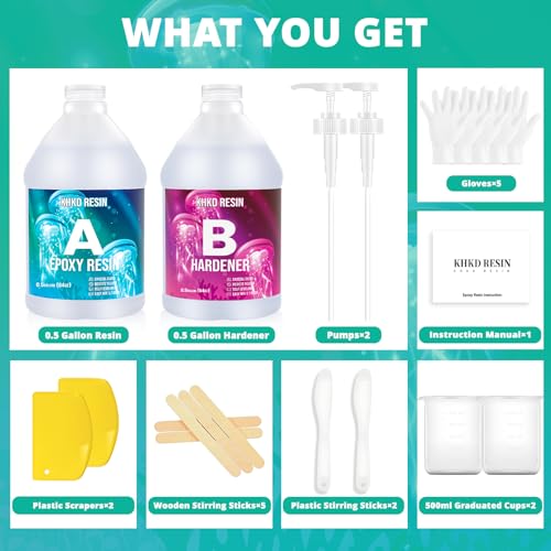 KHKD RESIN 1 Gallon Epoxy Resin Kit- 2 Part Ultra Crystal Clear Resina Epoxica- High Gloss Odorless, UV & Impact Resistance Food Grade Epoxy Perfect for DIY Crafts, Jewelry, Art Coating, Coaster, Tray