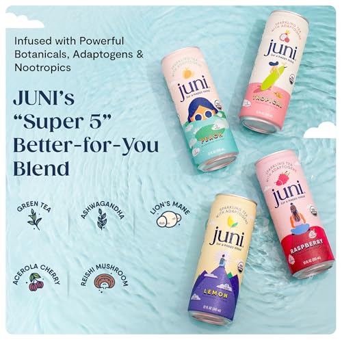 Juni Sparkling Adaptogen Drink with Ashwagandha, Lion’s Mane & Reishi Mushrooms | Green Tea for Focus, Zero Sugar, 5 Calories, Organic | Non Alcoholic Drinks - Lemon 12 pack