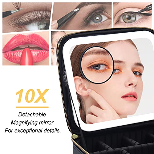 Travel Makeup Bag with Large Magnetic Removable Lighted Mirror, Cosmetic Organizer Bag with 3-Color Modes Adjustable Brightness 360° Angle Mirror Makeup Case with Mirror and Lights, Makeup Train Case