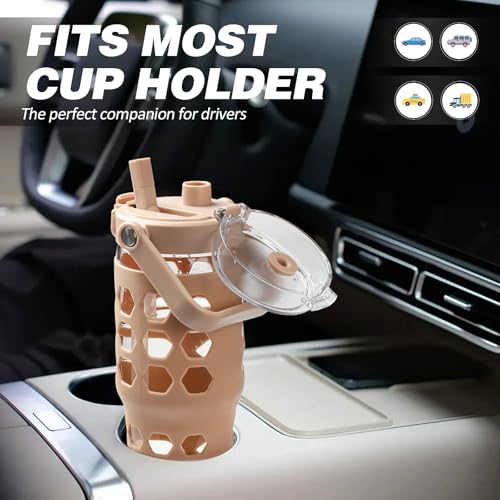 MUKOKO Half Gallon/64 oz Glass Water Bottles with Straw and Lid,Motivational Water Jug with Time Marker Reminder and Silicone Sleeve,100% Leakproof BPA Free Fitness Sports Large Bottle-Purple