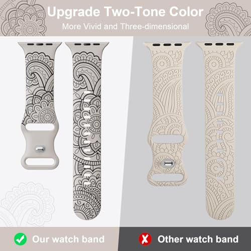 Floral Engraved Band Compatible with Apple Watch Band for Women 40mm 38mm 41mm 44mm 45mm 49mm, Boho Strap for iWatch Series 9 Ultra SE 8 7 6 5 4 3 PP42