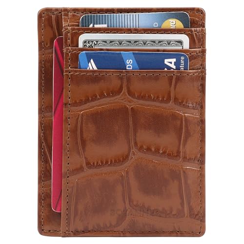 BOTANNER Genuine Leather Slim RFID-Blocking Card Holder – 3 Card Slots, 1 ID Window, 2 Additional Pockets,1 note section Croc-Embossed Design | Unisex (Chestnut)