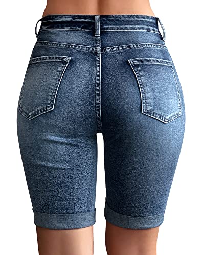 roswear Womens Mid Rise Roll Cuff Bermuda Stretch Denim Jean Shorts 104Blue Small