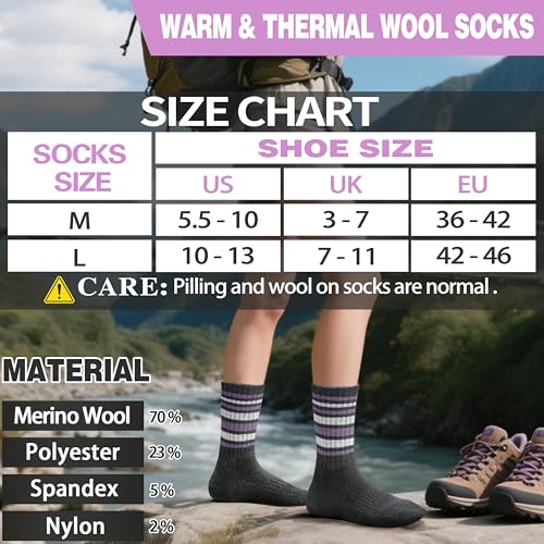 EBMORE Womens Merino Wool Hiking Socks Thermal Warm Winter Boot Crew Cushion Work Gift Socks 5 Pairs(Striped-A,M)