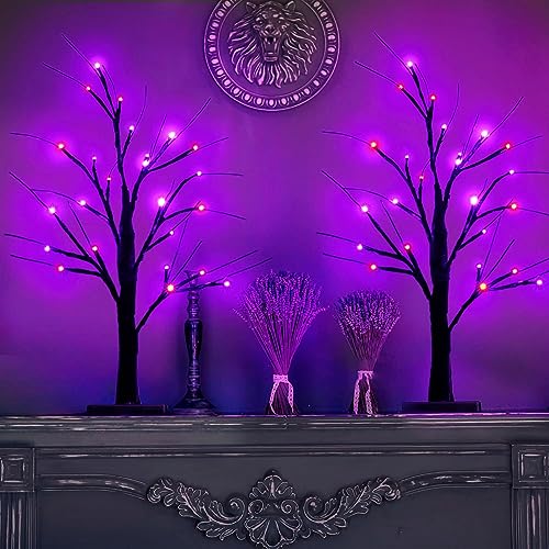 Halloween Decorations Indoor, 2-Pack 2FT Lighted Black Halloween Tree with 48 LED Orange & Purple Lights, Timer Function Battery Operated Halloween Trees Lights Spooky Tree for Tabletop Home Party