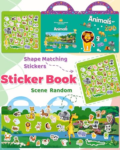 Oomloid Reusable Animal Sticker Book for Kids Toddlers 2-4 Years, Preschool Learning Activities Waterproof Sticker Books for Teens Girls Boys