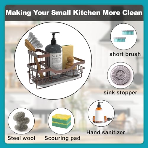 Vanwood Sponge Holder for Kitchen Sink Caddy Organizer with Brush Holder & Drain Tray, Rustproof Dish Soap Sponge Caddy for Kitchen Sink Counter - Storage Kitchen & Home Accessories