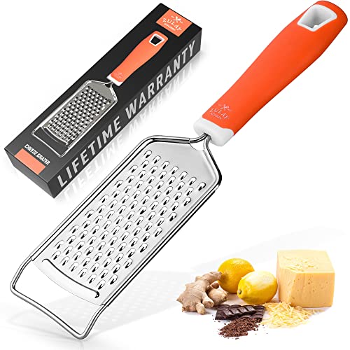 Zulay Kitchen Professional Cheese Grater Stainless Steel - Durable Rust-Proof Metal Lemon Zester Grater With Handle - Flat Handheld Grater For Cheese, Chocolate, Spices, And More - Black