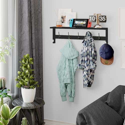 AMBIRD Coat Rack Wall Mount with Shelf, 28.9 Inches Coat Hooks Wall Mounted with 5 Hooks, Hat Wall Hooks for Hanging in Entryway, Living Room, Bathroom, Bedroom (Black, 28.9 * 4.5 inches)