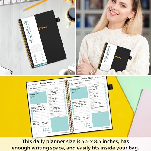 Daily Planner Undated, To Do List Notebook with Hourly Schedule Calendars Meal, Spiral Appointment Organizers Notebook for Man/Women, Pocket, Pen Loop, 160 Pages (5.5x8.5")