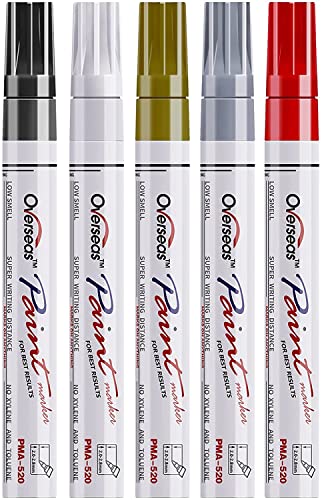 Overseas Paint Marker Pens - 5 Pack Permanent Oil Based Paint Markers, Medium Tip, Quick Dry and Waterproof Assorted Color Marker for Rock, Wood, Fabric, Plastic, Canvas, Glass, Mugs, Canvas, Glass