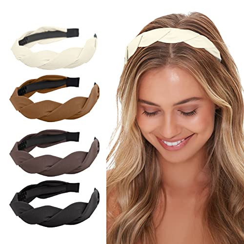 WOVOWOVO 4 Pieces Braided Headband for Women Girls Fashion Hairband for Women's hair Wide Headbands Non Slip Hairhoop Solid Colors Accessories