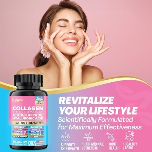 Zoyava Collagen Pills Peptides Types I, II, III, V & X MCG Biotin Keratin Hyaluronic Acid MSM Vitamin A Vitamin C Vitamin E Folic Acid Zinc Magnesium with Grape Seed Extract, Quercetin (90 Caps)