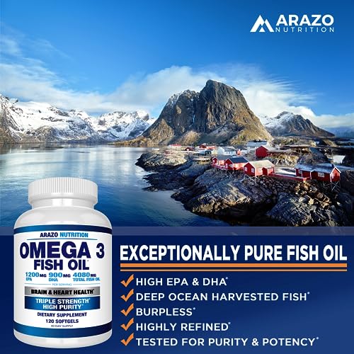 Arazo Nutrition Wild Caught Omega 3 Fish Oil – 60 Soft Gels – 4,080mg High EPA 1200mg DHA 900mg Lemon Flavor Burpless Softgels