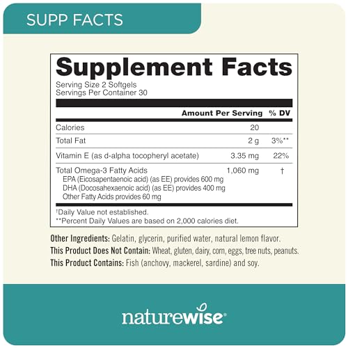 NatureWise Extra-Strength Omega 3 Fish Oil Supplement - 1000mg per Serving - 600 EPA & 400 DHA and Vitamin E - Support for Heart & Brain Health - Lemon Flavor, Non-GMO - 180 Softgels[3-Month Supply]