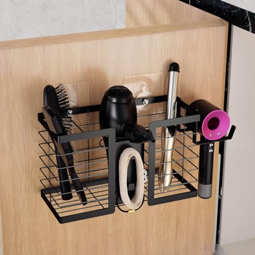 Hair Tool Organizer Hair Dryer Holder, 3 in 1 Metal Bathroom Blow Dryer Organizer Wall Mount for Flat Iron, Curling Iron, Straightener, Hair Care & Styling Tools Storage and Organizer (Black)-2pcs