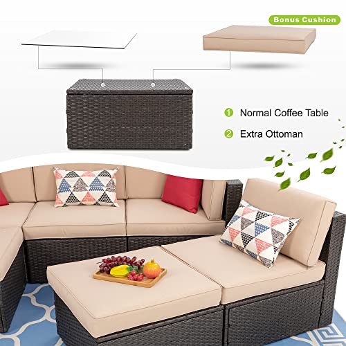 Vongrasig 7 Pieces Outdoor Patio Furniture Sets, Outdoor Sectional Rattan Sofa, PE Manual Weaving Wicker Patio Conversation Set with Cushion, Glass Table, Red Pillow (Beige)