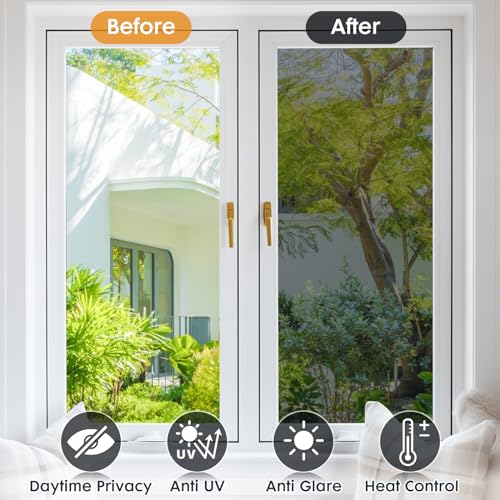 LUTE Window Film One Way Daytime Privacy Window Tint for Home, Sun Blocking Anti UV Heat Blocking See Out Not in Reflective Mirror Film Window Door Covering Window Tinting Film, Black, 17.5" x 78.7"