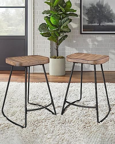 JUBILOOM Bar Stools, 24 Inch Kitchen Counter Height Stools with Metal Leg, Bar Chairs with Wood Saddle Seat, Industrial Backless Stools for Kitchen Island, Dark Brown Seat, Black Metal, 624PBR1