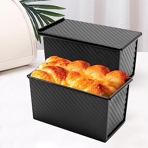 DUZFOREI 2pcs Loaf Pan with Lid,1lb Non-Stick Bread Pan,Bakeware Durable Carbon Steel Bread Toast Mold, Carbon Steel Corrugated Bread Toast Box for Bakeware,Homemade Cakes, Baking Breads and Meatloaf