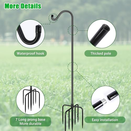 FEED GARDEN Adjustable Outdoor Shepherds Hook Bird Feeder Pole with 7 Prongs Base, 60 Inch Tall Heavy Duty Shepard Hook Stand for Hanging Bird Feeders, Plant Baskets, Black (1 Pack)