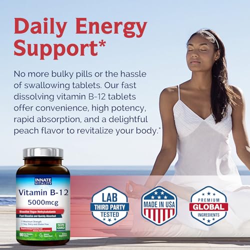 Innate Vitality Vitamin B12 5000mcg, Vegan Methylcobalamin, Fast Dissolve Tablets, Natural Peach Flavor, Supports Energy Production & Healthy Nervous System, 90 Tablets