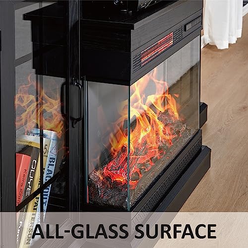 AMERLIFE 3-Sided Glass Fireplace TV Stand for TVs up to 65'', Media Entertainment Center Console Table with Door Closed Storage, Black